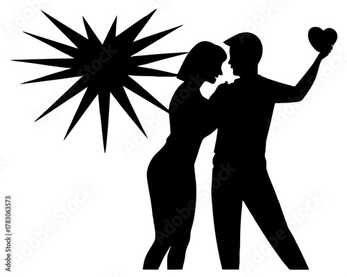 Silhouette of a couple embracing with a starburst and heart shape in black and white illustration on transparent background
