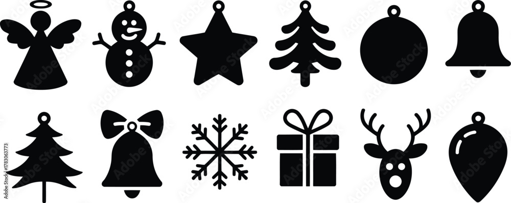 Naklejka premium Black Silhouette Christmas Ornaments Set Angel, Snowman, Star, Tree, Bell, Snowflake, Reindeer