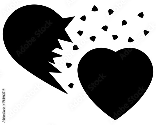 Illustration showing a broken heart with fragments and a whole heart in black on white background on transparent background silhouette