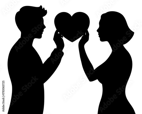 Silhouette of a man and woman holding a heart shape in their hands on a white background image view on transparent background