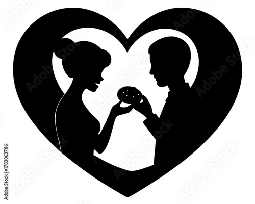Silhouette of couple exchanging a cookie inside a heart shape on a white background art design on transparent background