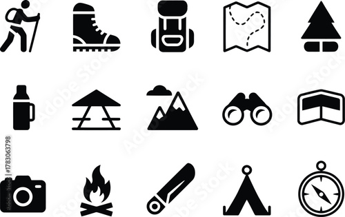 Black Silhouette Icon Collection of Outdoor Adventure Gear for Hiking and Camping Expeditions