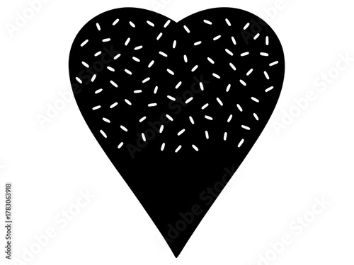 Black heart shape with white dashes scattered across the upper portion on a plain white background image on transparent background silhouette