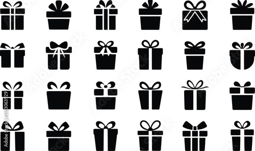 Twentyone Black Silhouette Gift Boxes with Ribbons and Bows Arrayed on White