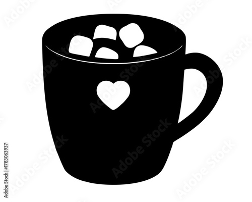 Black mug filled with marshmallows and a white heart on the side in a simple graphic design on transparent background silhouette