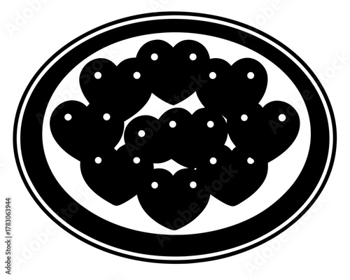 Black hearts arranged in a circle within a black and white circular border design illustration on transparent background silhouette
