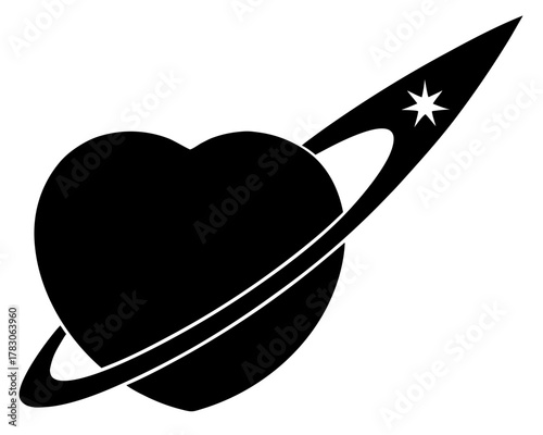Heart shaped planet with a ring and a star on the tail in black and white simple design style art on transparent background silhouette