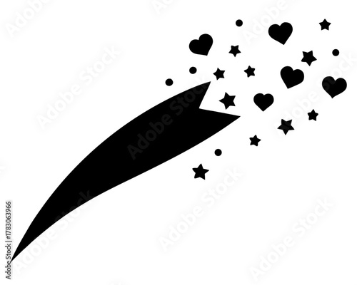 Black comet shape with stars hearts and dots trailing behind in monochrome vector illustration on transparent background silhouette