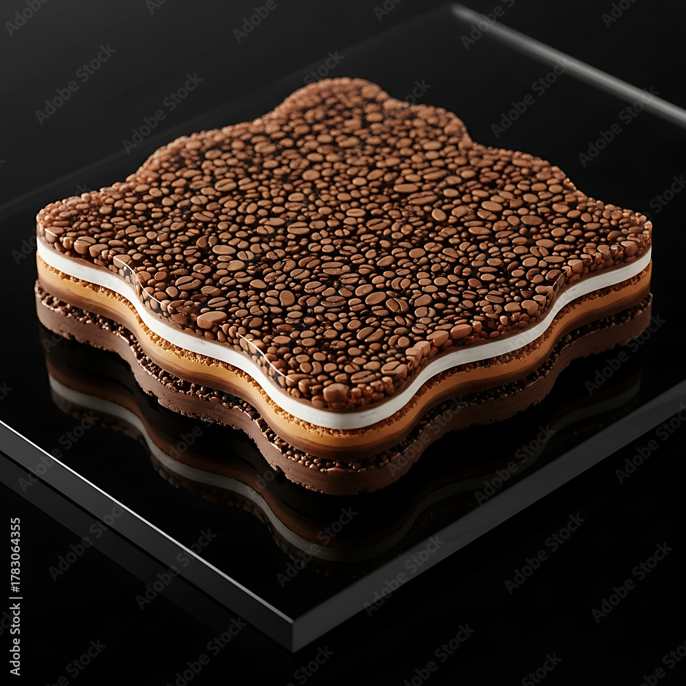 Fototapeta premium Gourmet coffee and chocolate layered entremet cake. Modern pastry with a glossy glaze and coffee bean topping on a black reflective background