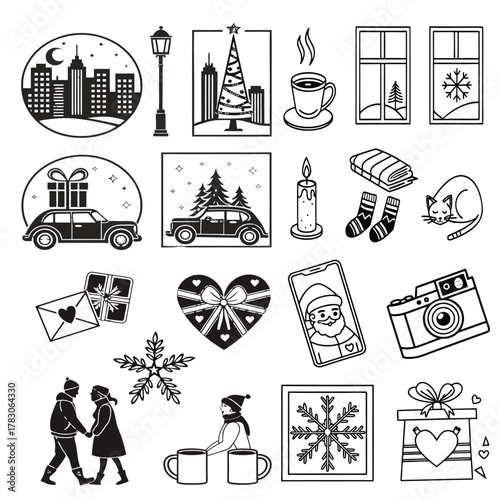 humorous santa claus faces and poses drawn in simple black & white line art, festive and playful holiday theme.