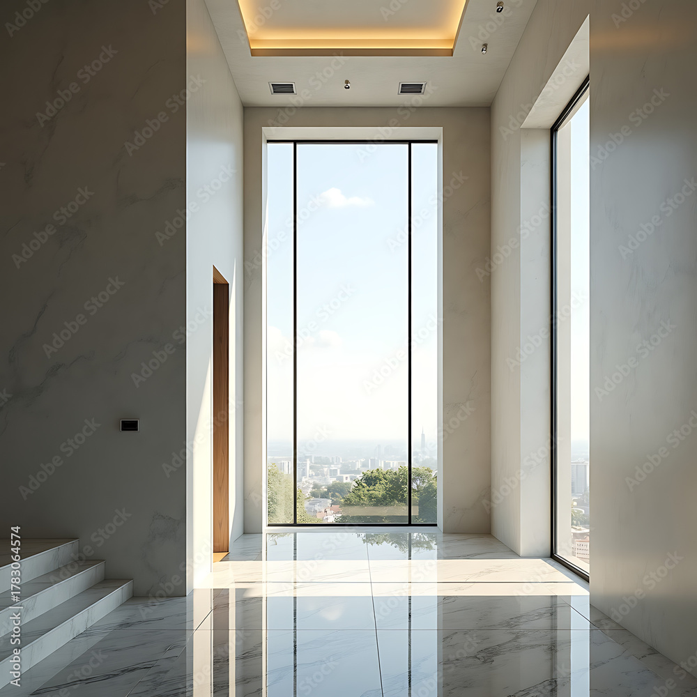 Fototapeta premium Contemporary hallway with full height window offering city view and natural light