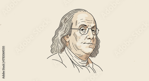 a line art portrait of Benjamin Franklin, and a peace dove over the map of Idaho.
