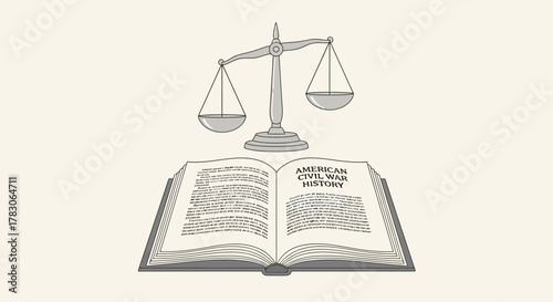 A line art illustration of an open book about "American Civil War History" with the scales of justice floating above it.
