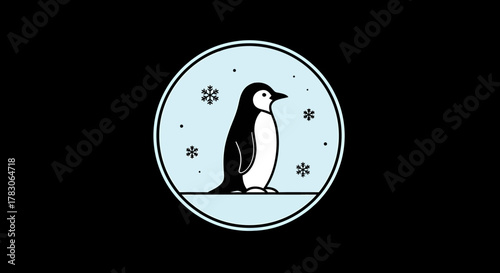 A simple, minimalist icon of a penguin standing in a light blue circle with falling snowflakes, on a black background.
