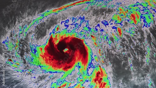 The weather forecast interface on the digital screen shows the storm., Global warming concept
