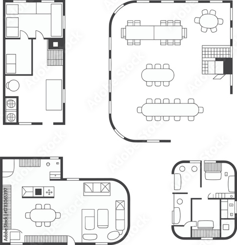 Minimalist architectural floor plan, modern residential layout with curved walls, open space dining design, perfect for home planning concept visuals.