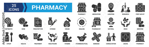 Pharmacy icon set. Medicine, bandage, medication, prescription, treatment, health and syringe symbol. Glyph icons vector collection.