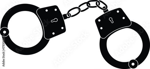 Handcuffs silhouette with chain links, law enforcement restraint symbol, security and justice concept, cad drawing flat vector illustration