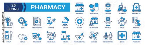 Pharmacy icon set. Medicine, bandage, medication, prescription, treatment, health and syringe symbol. Blue icons vector collection.