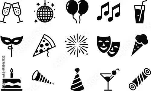 Black Party Icons Champagne, Disco Ball, Balloons, Pizza, Cake, Confetti, Cocktail, and Mask
