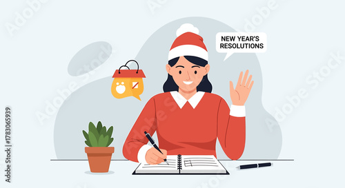 This flat design illustration depicts an individual actively engaged in writing down their New Year's resolutions and personal goals. It symbolizes planning for a fresh start and self-improvement