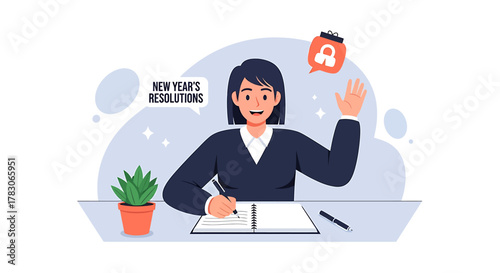 This flat design illustration depicts an individual actively engaged in writing down their New Year's resolutions and personal goals. It symbolizes planning for a fresh start and self-improvement