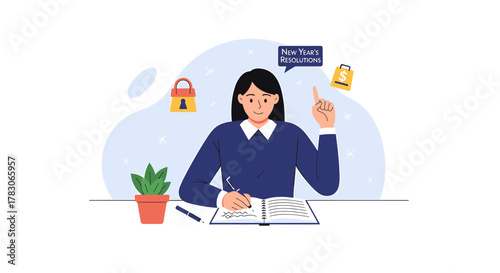 This flat design illustration depicts an individual actively engaged in writing down their New Year's resolutions and personal goals. It symbolizes planning for a fresh start and self-improvement