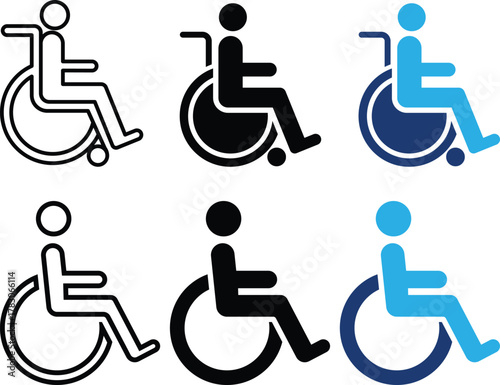 Wheelchair accessibility symbol outlines solid black and blue variations showing for , disability assistance, handicap signs, accessibility, healthcare facilities, hospitals transportation