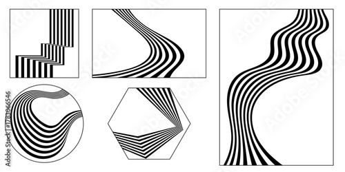 Set of abstract perspective line stripes with 3d dimensional effect isolated on white.