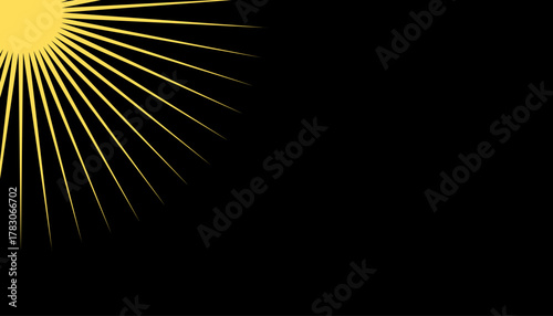 Radiant golden sunburst in the corner with glowing beams on a sleek black background. Elegant light rays create a dramatic, modern highlight effect, ideal for dynamic designs and stylish graphics.