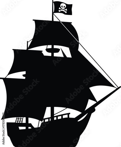 Pirate ship silhouette, Jolly Roger flag, sailing vessel, vintage maritime icon, flat vector illustration, cad drawing flat vector illustration