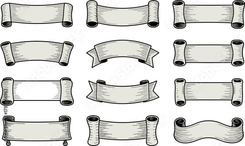 Vintage hand drawn engraved parchment scrolls and ribbon banners