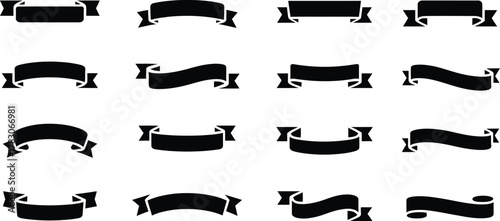 Collection of black ribbon banners and labels on a white background