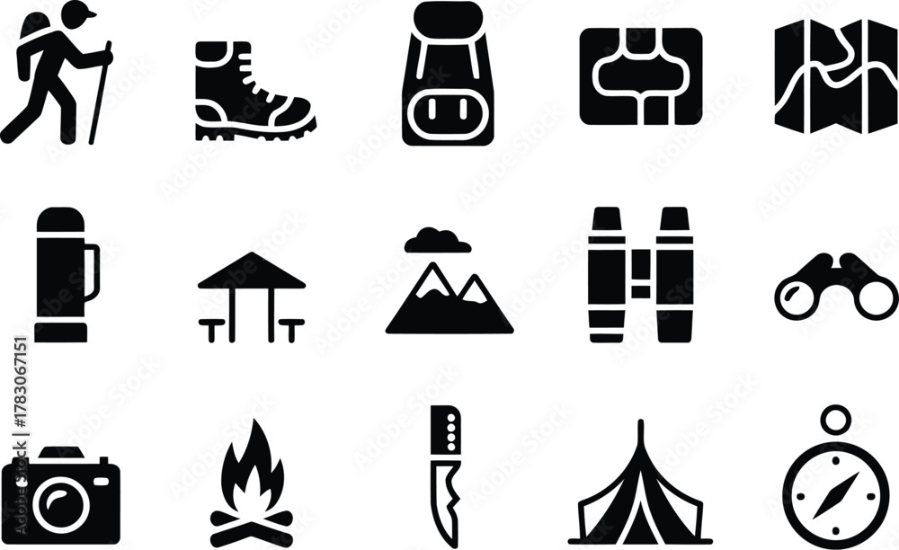 Fototapeta premium Hiking and Camping Equipment Icons Black Silhouette Symbols for Outdoor Adventure and Travel Planning