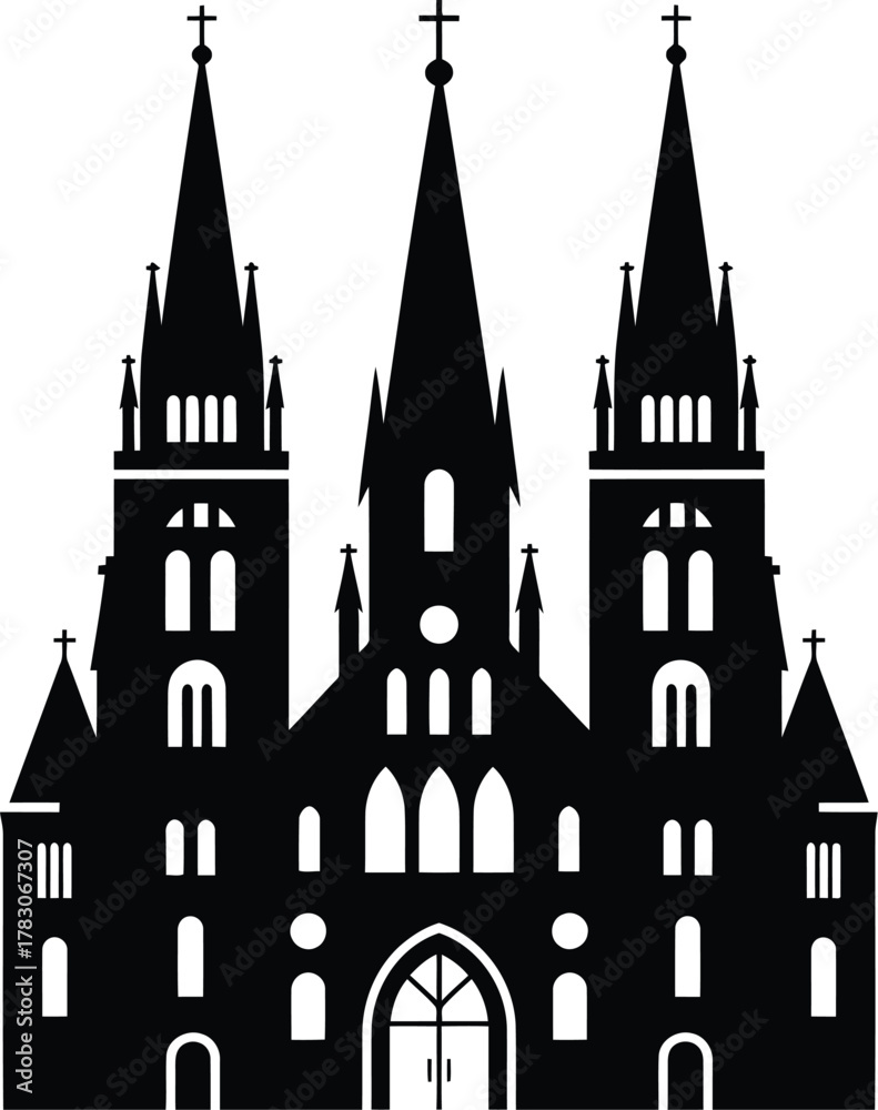 Obraz premium Ornate Church Building Illustration with Three Towers and Crosses Silhouette Design