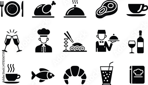 Restaurant Menu Icon Set Food, Drinks, Chef, and Service Graphics Collection