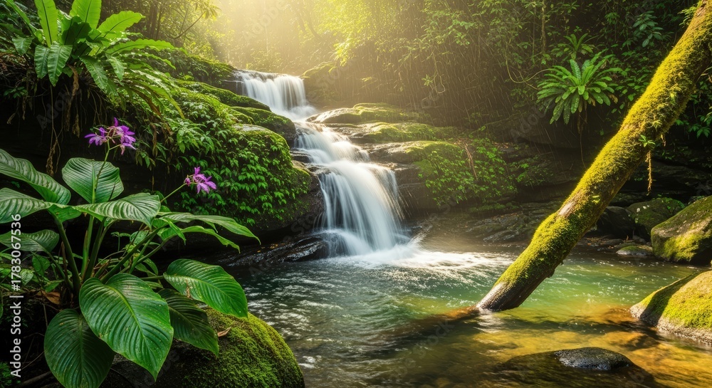 Fototapeta premium Lush Green Waterfall Cascading Through A Tropical Forest With Sun Beams And Moss Covered Rocks