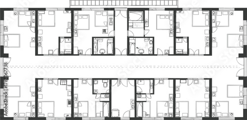 Modern apartment building detailed floor plan CAD drawing, vector blueprint showing multiple units, bedrooms, kitchens, bathrooms, and common corridors