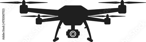 Quadcopter drone silhouette with gimbal camera, aerial imaging technology, modern UAV design, cad drawing flat vector illustration