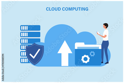 Cloud computing network. Cloud technology, Cloud data transfer and online data storage. Digital cloud storage service vector illustration