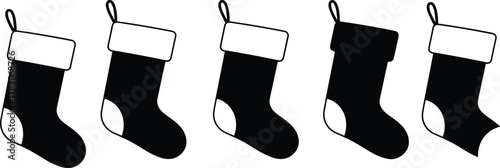 Five Christmas stockings silhouette, festive holiday decor, black and white vector design, winter celebration art, cad drawing flat vector illustration