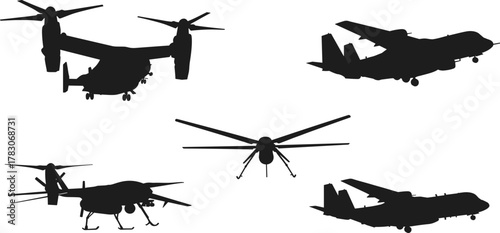 Military aircraft silhouettes vector set, drones, helicopters, tiltrotor planes, unmanned aerial vehicles, aviation icons, black shapes for design projects
