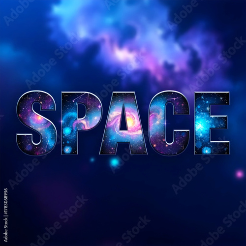 Space themed graphic art with nebula and galaxy textures within the word 