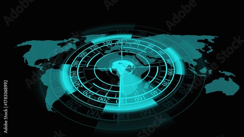 Futuristic global radar display in cyan with Earth-centered scanning for digital interface visuals. Cyan Digital World Map with Futuristic Radar Scan and Earth Focus global.
