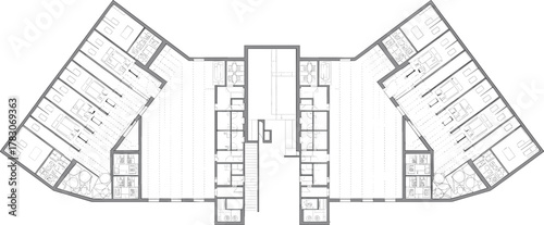 Modern architectural apartment floor plan layout, showing detailed multi-unit design, room divisions, efficient space planning, and contemporary residential layout.