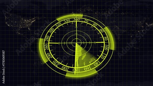 Radar Screen Overlaying World Map at Night with Glowing Grid earth. Nighttime world map with active radar screen and glowing grid for global monitoring and futuristic design.