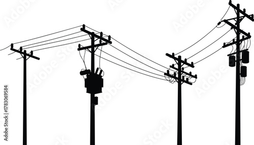 Utility pole network, electrical transformers, power lines, urban infrastructure, silhouette design, energy distribution, industrial structure, grid system, black and white, minimal art