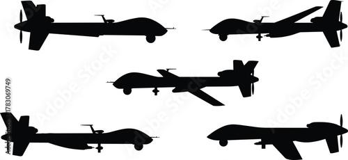 Military drone silhouette set, unmanned aerial vehicles, UAV black shapes, reconnaissance aircraft, surveillance technology, vector icons for design projects
