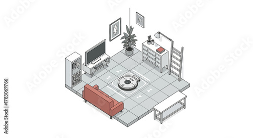Effortless cleaning with a smart robot vacuum navigates a stylish living room, automation at its finest in a modern home, clean lines and easy living