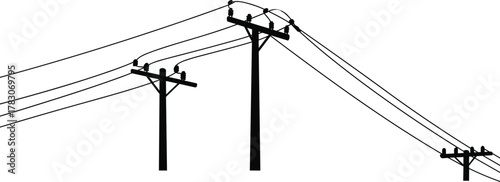 Utility poles silhouette at sunset, power lines tension, electrical infrastructure, energy transmission, rural grid, communication 